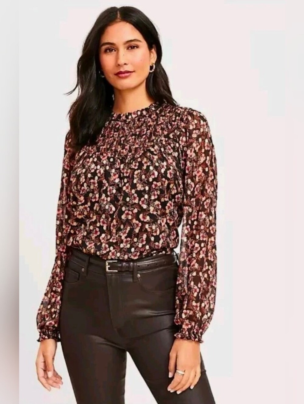 LOFT Black Floral Smocked Yoke Long-Sleeve Blouse